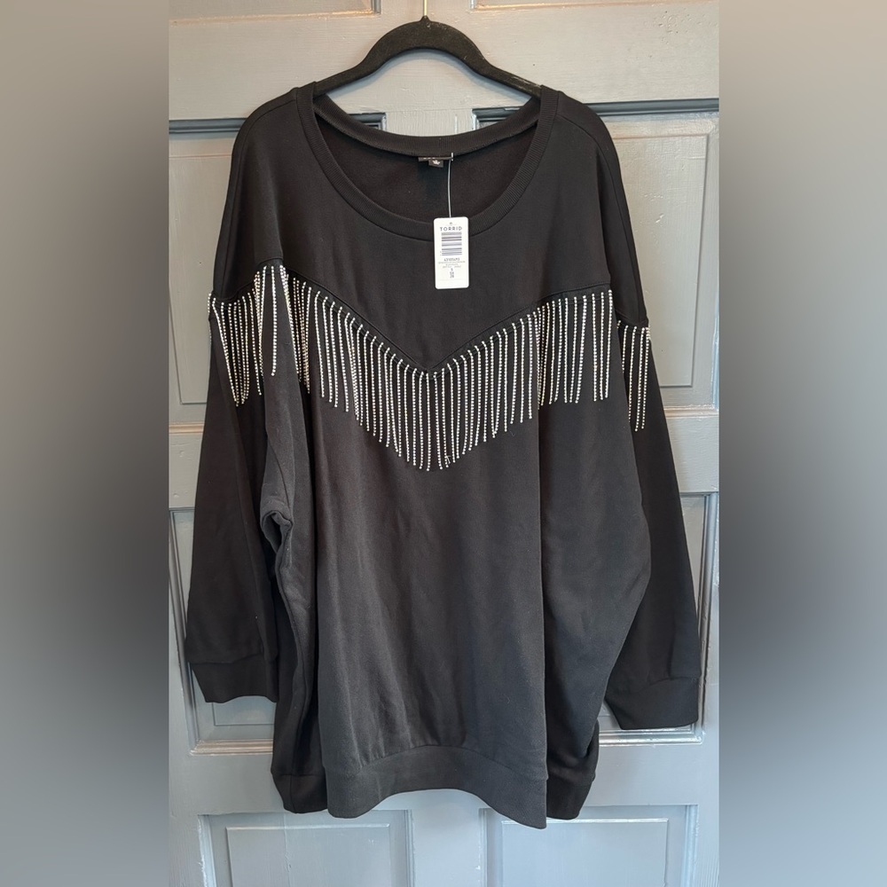 Torrid Drop Shoulder Rhinestone Fringe Black Sweatshirt NWT Size 5X